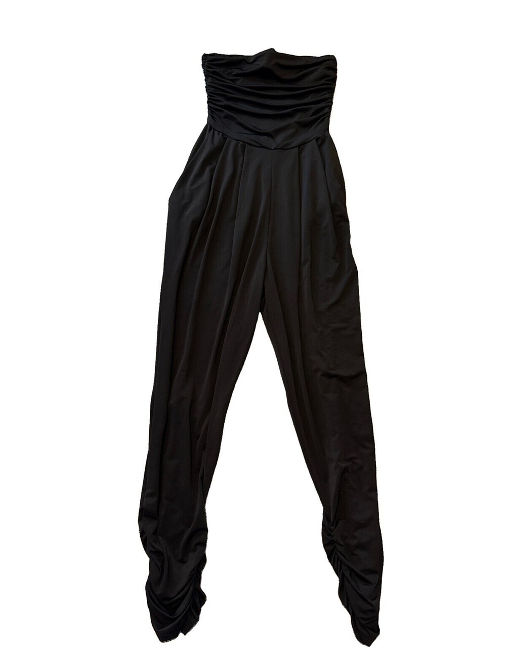 AKIRA Jumpsuit strapless Black one-piece Cinched Detail Pockets Fitted Sz. Small